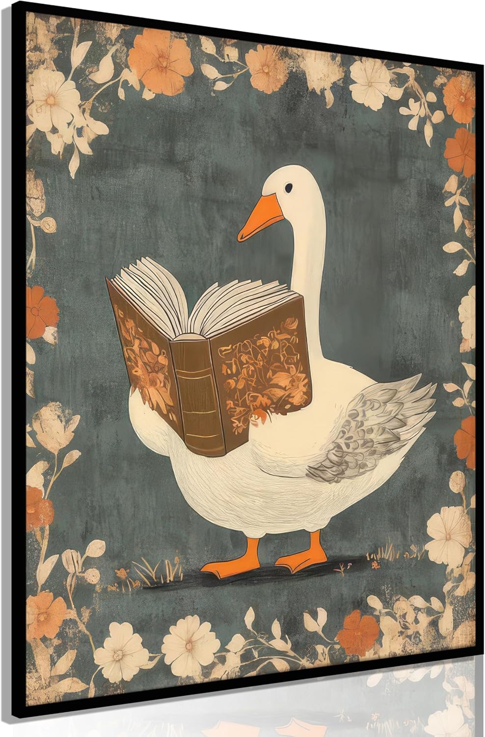 Nursery Book Wall Art Reading Goose Canvas Print Vintage Aesthetic Book Poster Inspirational Educational Picture Botanical Flowers Painting Wall Decor for Library Reading Room Bedroom Unframed