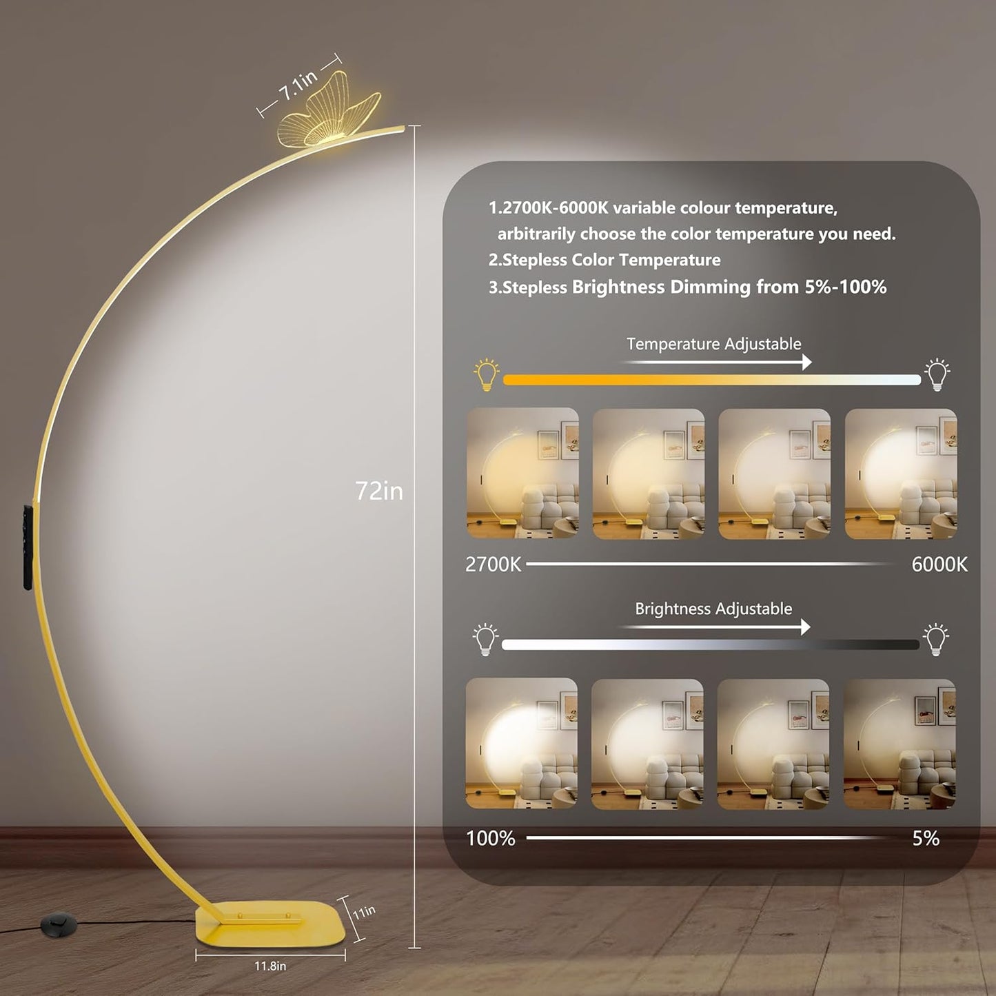 Modern Butterfly Arc Floor Lamp - Dimmable 2000 Lumens Arched Floor Lamp with Remote Control, 3 Color Modes & Foot Switch, Elegant Arc Floor Lamps for Living Room, Bedroom, Office Decor (Gold)