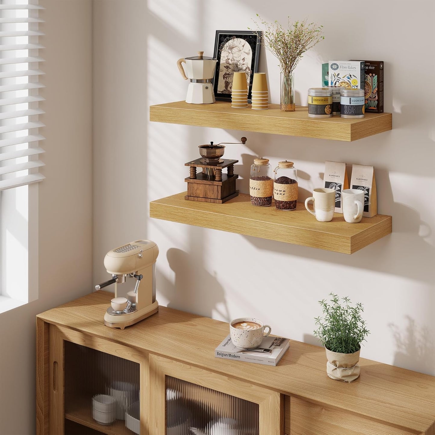 Fun Memories 32 x 12 Floating Shelves Wall-Mounted - Rustic Wood Shelf - 12 Inch Deep Floating Shelves for Wall - Large Storage Shelf for Bathroom - Kitchen & Bedroom - Oak - Set of 2