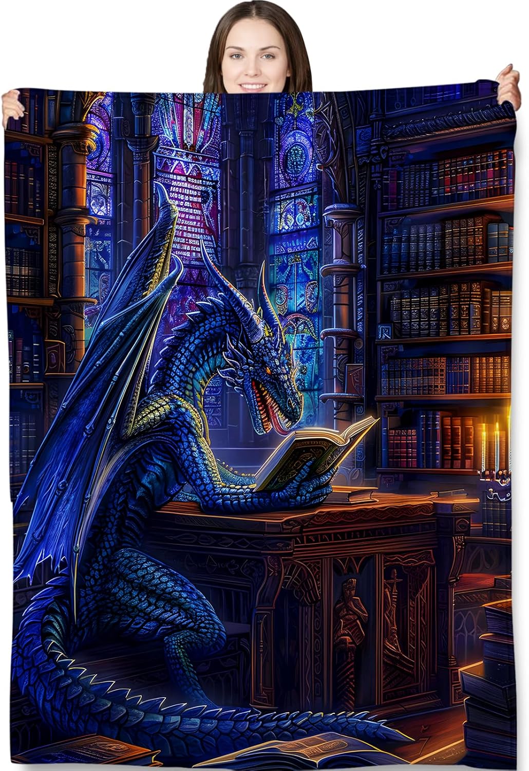 Fantasy Dragon Reading Throw Blanket for Adults Kids, 50x60 in, Blue Dragon Theme Flannel Blankets for Bedroom, Couch, Travel, Home Decor, Fuzzy Soft Cozy Warm Gifts