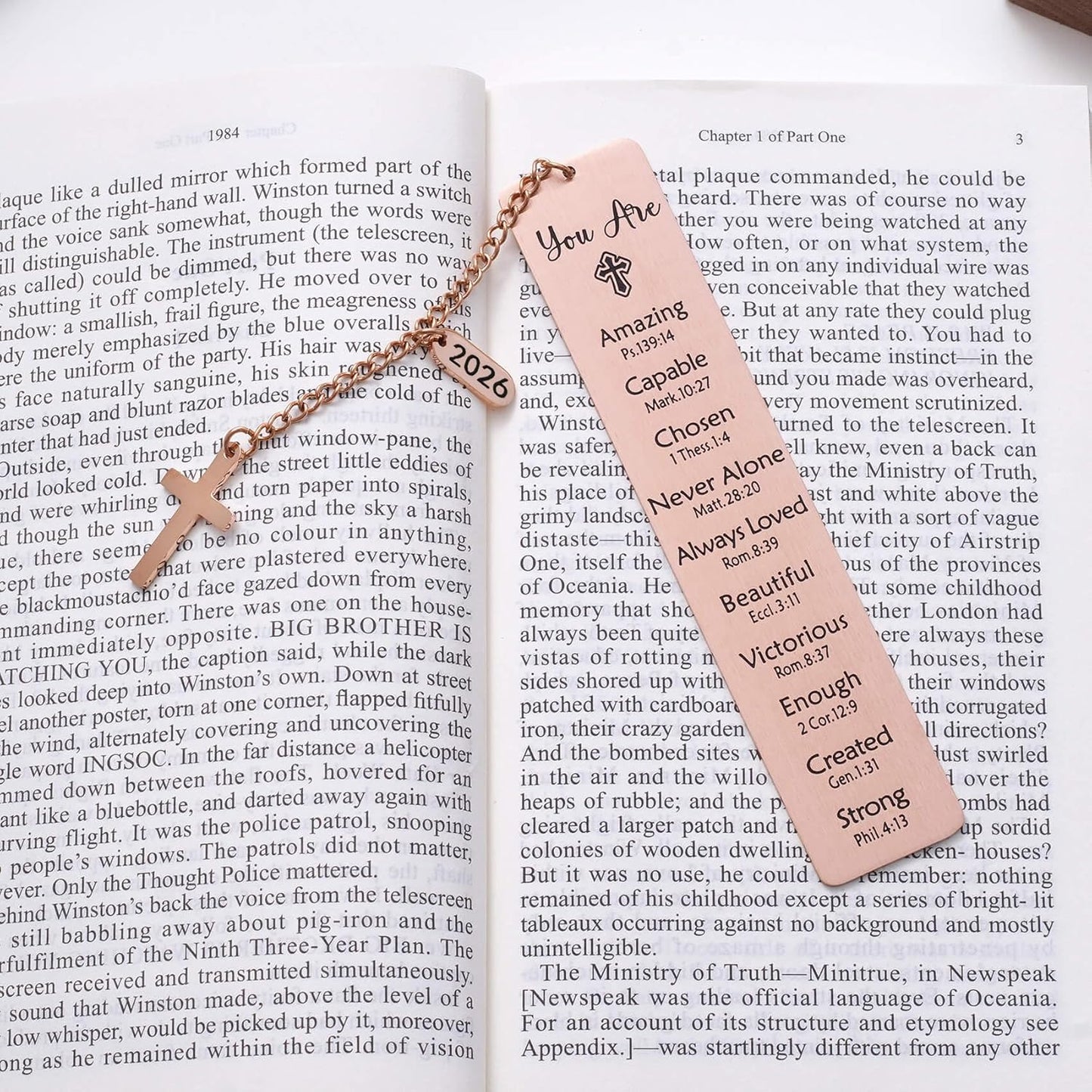 Christian Metal Bookmark with Bible Verses, Faith-Based Gift with 2026 Charm, Faith Affirmation Gift, Motivational Religious Scripture Reading Accessory for Women Men, Rose Gold