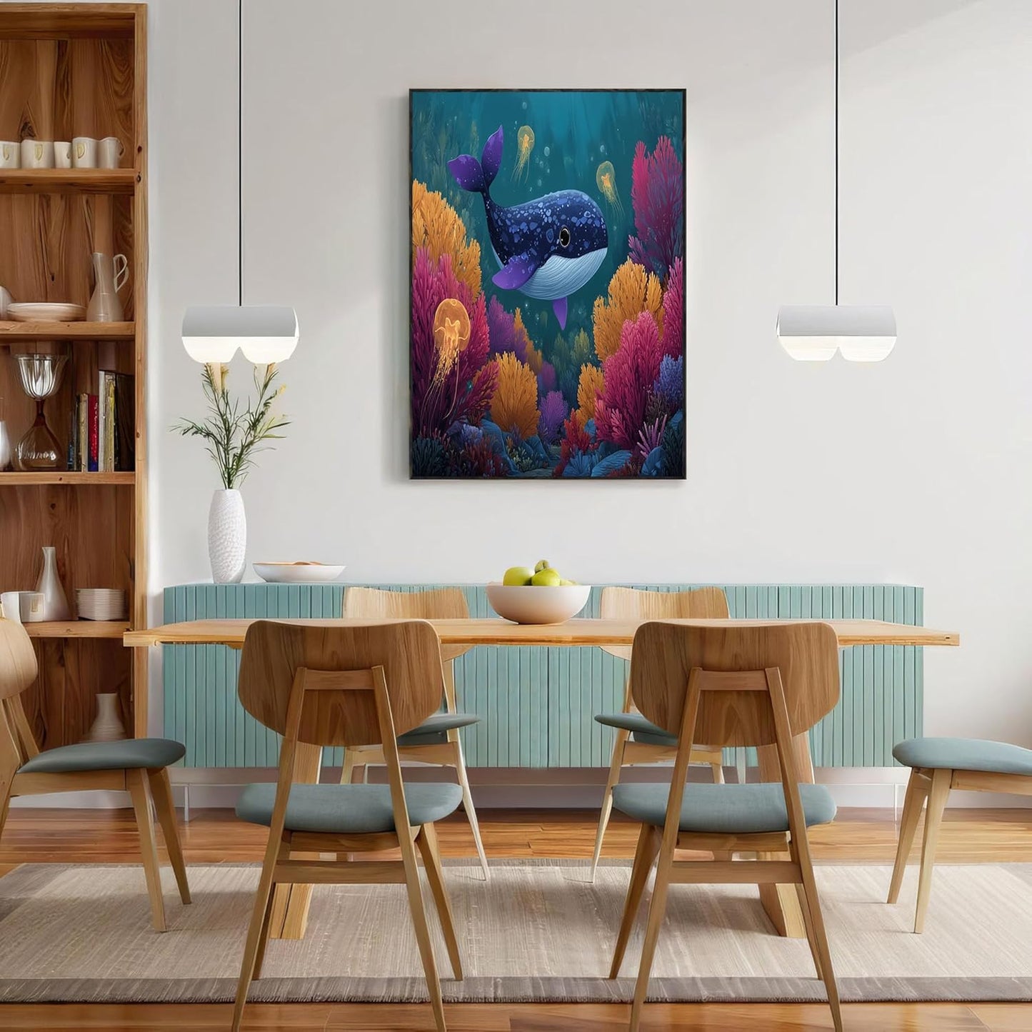 GDJSMIN Cartoon Style Wall Art, Ocean Cute Little Blue Whale Poster for Reading Room Living Room Decor 16x 24 inch Unframed