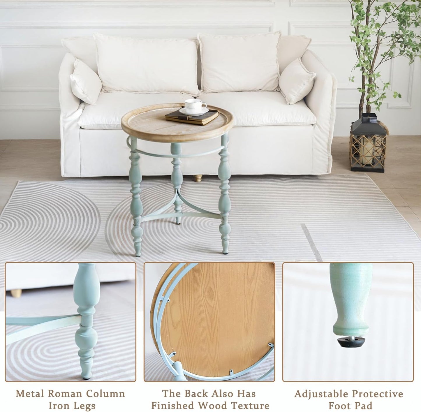 Rustic Farmhouse Round End Table, French Country Vintage Side Table,φ20.1'' x 23.6''H Rustic Solid Wood with Vintage Iron Legs, for Living Room, Bedroom, Small Spaces,Nature White