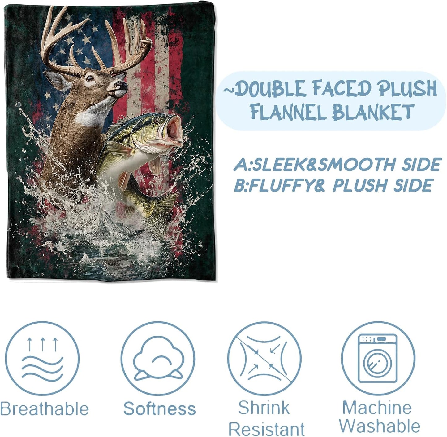 Retro Deer Flannel Blanket, Soft Cozy Throw with Realistic Wildlife Fish, Lightweight Blankets for All Seasons, Patriotic American Flag Home Sofa Decor and Gifts for Men Veterans, 50x60 Inch