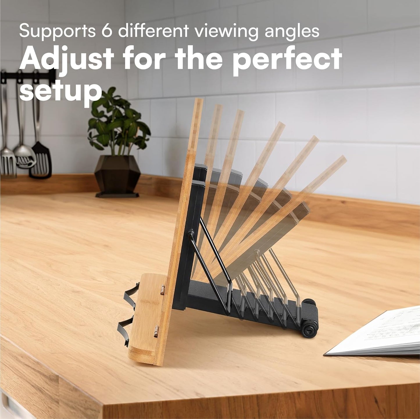 H&S Bamboo Recipe Book Holder - Foldable & Portable Cookbook Stand for Desk - Adjustable Holder for Reading in Bed or Kitchen - Cook Book Stand for Kitchen Counter