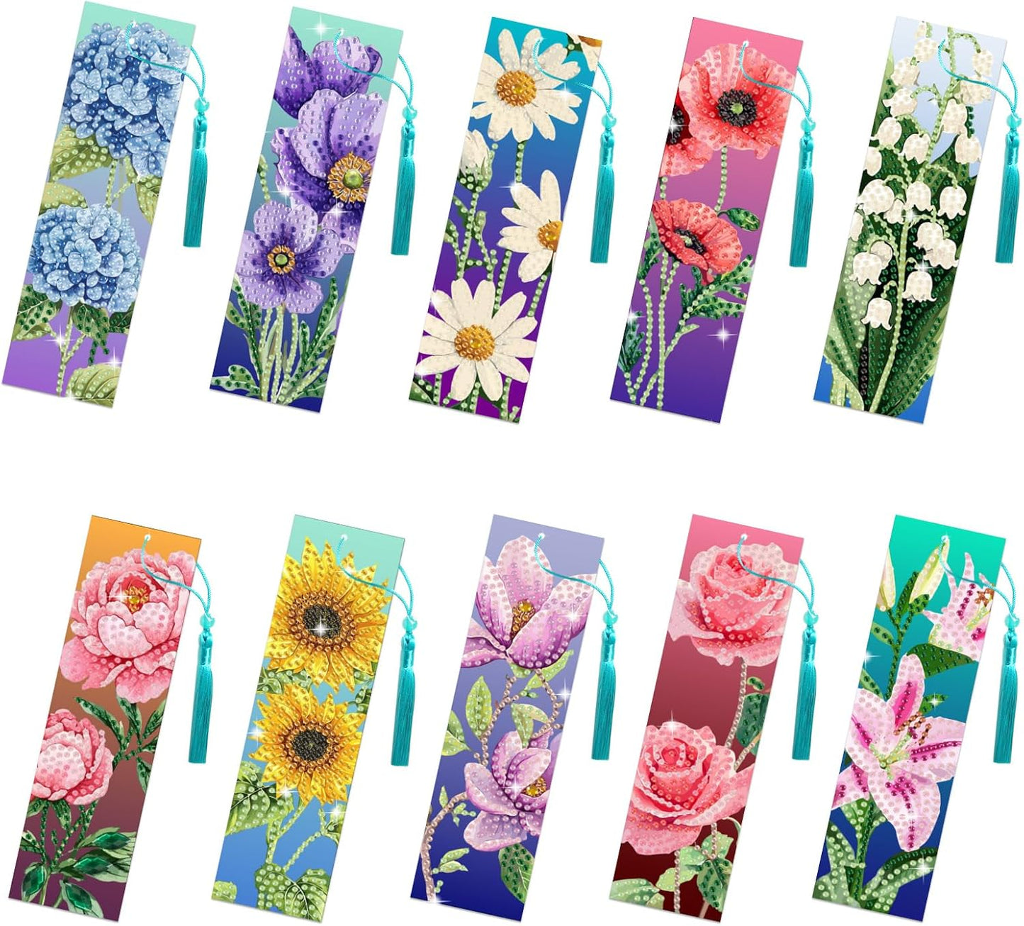 10Pcs Mixed Floral 5D Diamond Art Bookmarks Flowers Diamond DIY Painting Bookmarks Rhinestones Beaded Tassel Acrylic Bookmark for Adult Beginner Crafts