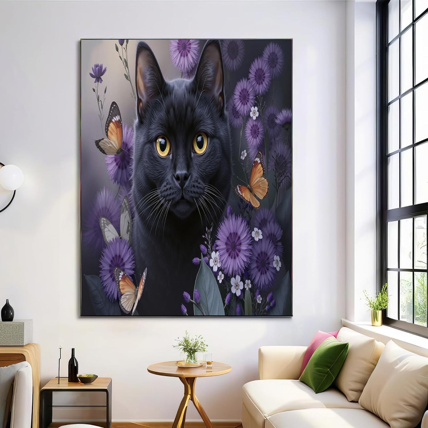 GDJSMIN Watercolor Style Wall Art, Animal Black Cat Purple Flowers Design Poster for Reading Room Living Room Decor 24 x 36 inch Unframed