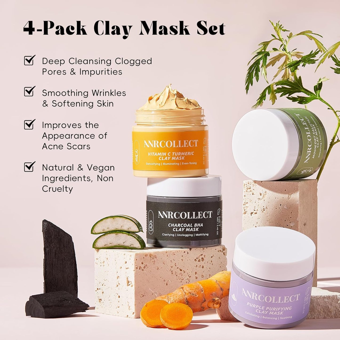 ANRCOLLECT 4-Pack Clay Face Mask Set (280g Total) - Vitamin C Turmeric, Charcoal BHA, Mugwort Salicylic & Purple Clay Masks for Deep Pore Cleansing, Oil Control & Blackhead Removal - Skincare Gift Set