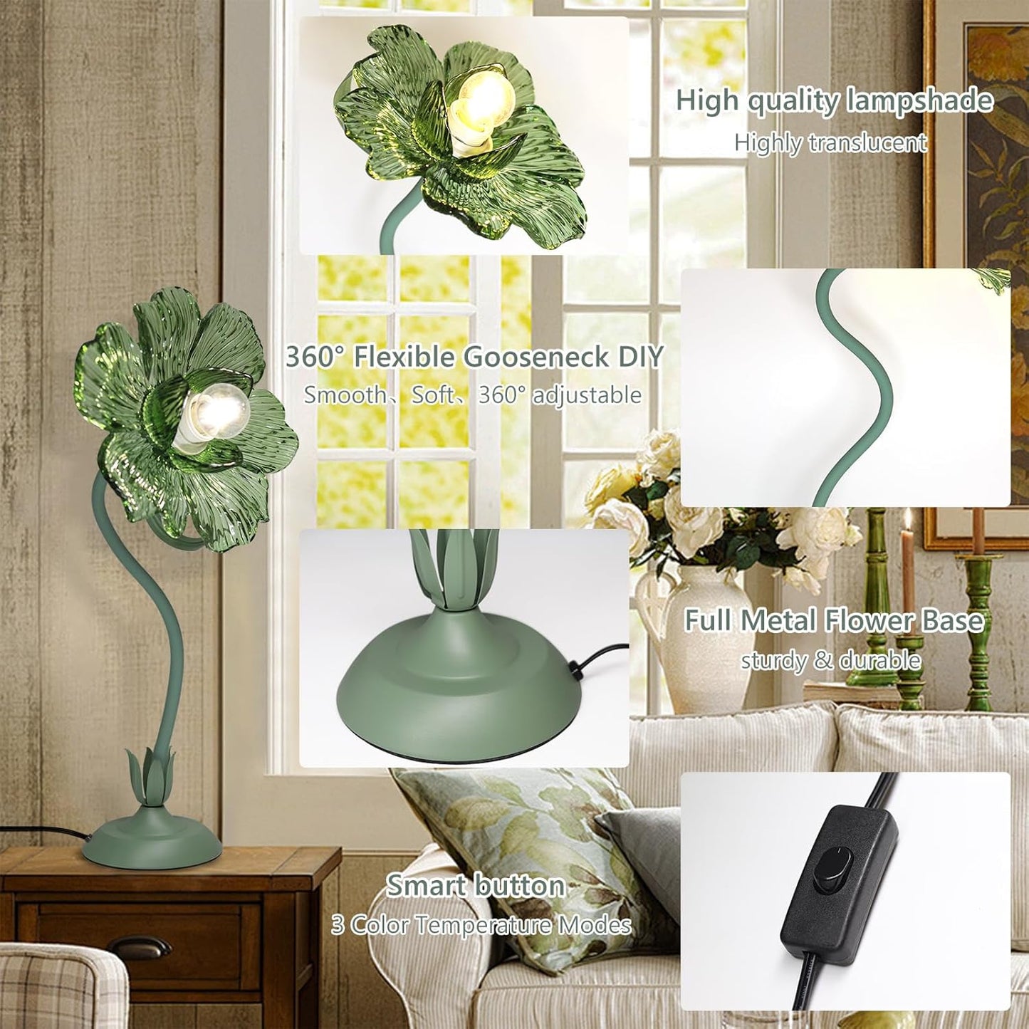 Begonia Flower Table Lamp for Bedroom, 3 Colors Flower Reading Light with E26 Bulb, Cute Desk Lamp Bedside Lamps for Nightstands Home Decor, Adjustable Flexible DIY Floral Lamps for Living Room Office