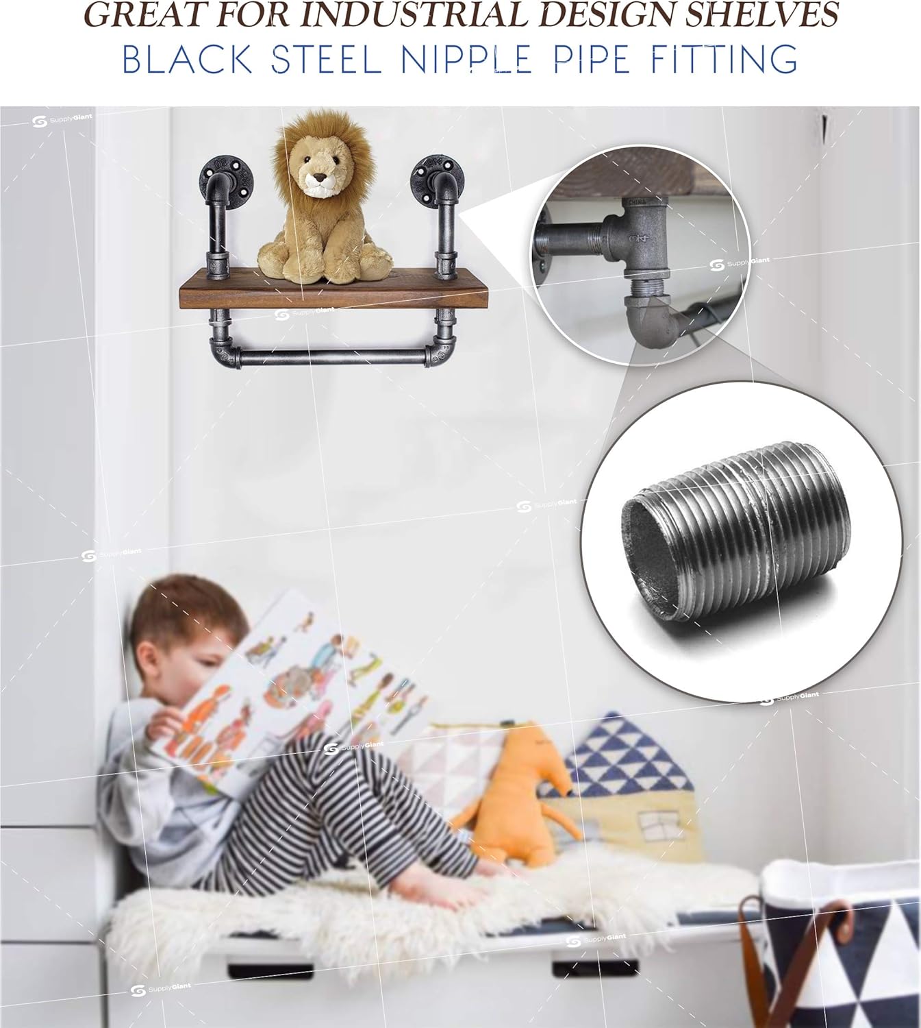 Supply Giant 1/2 Inch Black Pipe Assortment, Heavy-Duty Malleable Threaded Nipples, Steel Pipe Fittings Great For DIY Vintage Shelving Projects (Includes 6 of Each Size, 1-6 Inches 66 Pieces in Total)