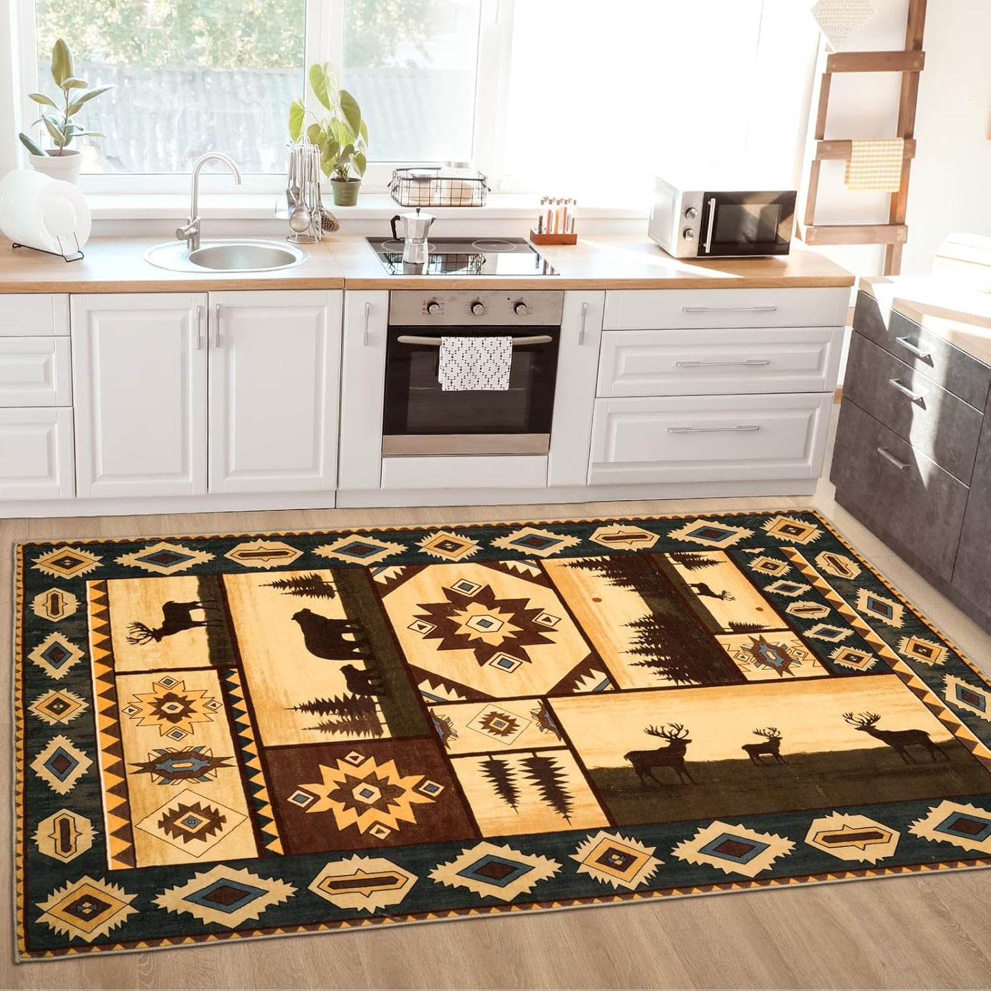 Farmhouse Area Rug 5x7, Animal Print Rug, Living Room Rugs Washable, Non-Slip Faux Wool Rustic Cabin Rugs Floor Carpet, Vintage Country Home Decor