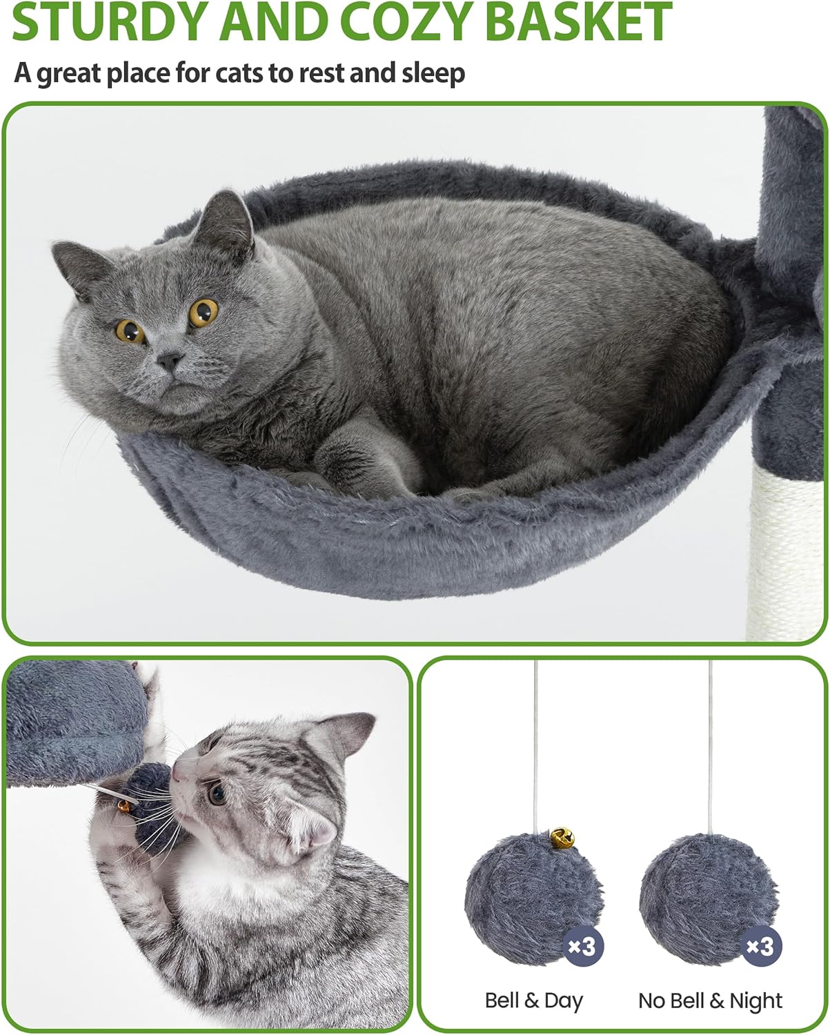 Multi-Level Cat Tree Tower for Indoor Cats, 67 inch Tall XL Heavy Duty Climbing Tower with 3 Large Platform, Scratching Post, Hammock, Kitty Condo for Multiple Cats, Extra Large Cat Trees, Dark Grey