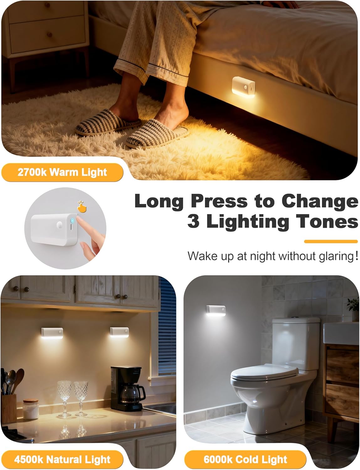 VOLISUN Motion Sensor Stair Light Indoor Rechargeable 6 Pack, Night Lights Indoor for Step, Hallway, Toilet, Magnetic Stick-On Wall Lights, 3 Modes & 3 Color Temperatures(White)
