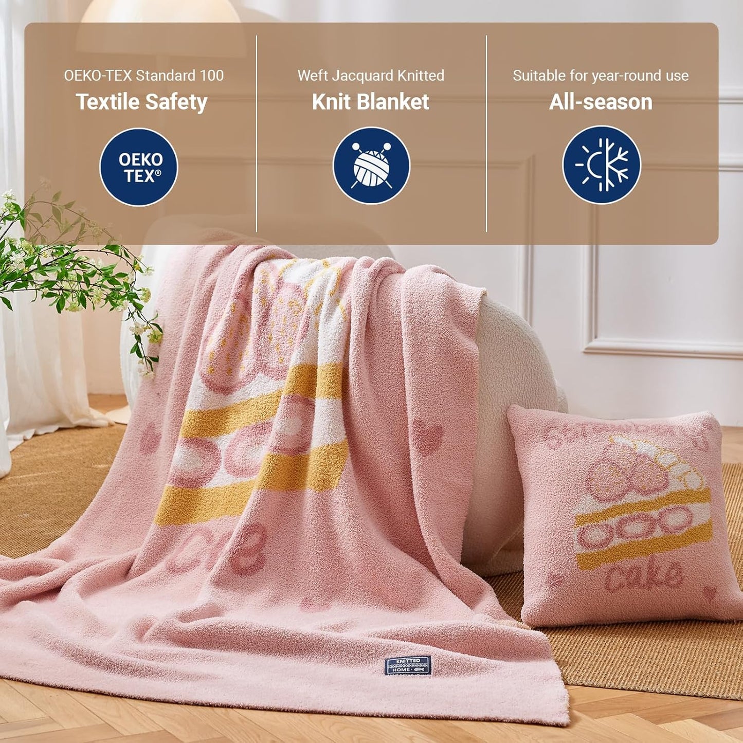 YIRUIO Strawberry Cake Plush Blanket & Pillowcase Set,Ultra Soft Cozy Warm Thick Fuzzy Fluffy 50x60 Throw Pink with 18x18 Pillow Cover for Bed Sofa Couch Home Decor Gift