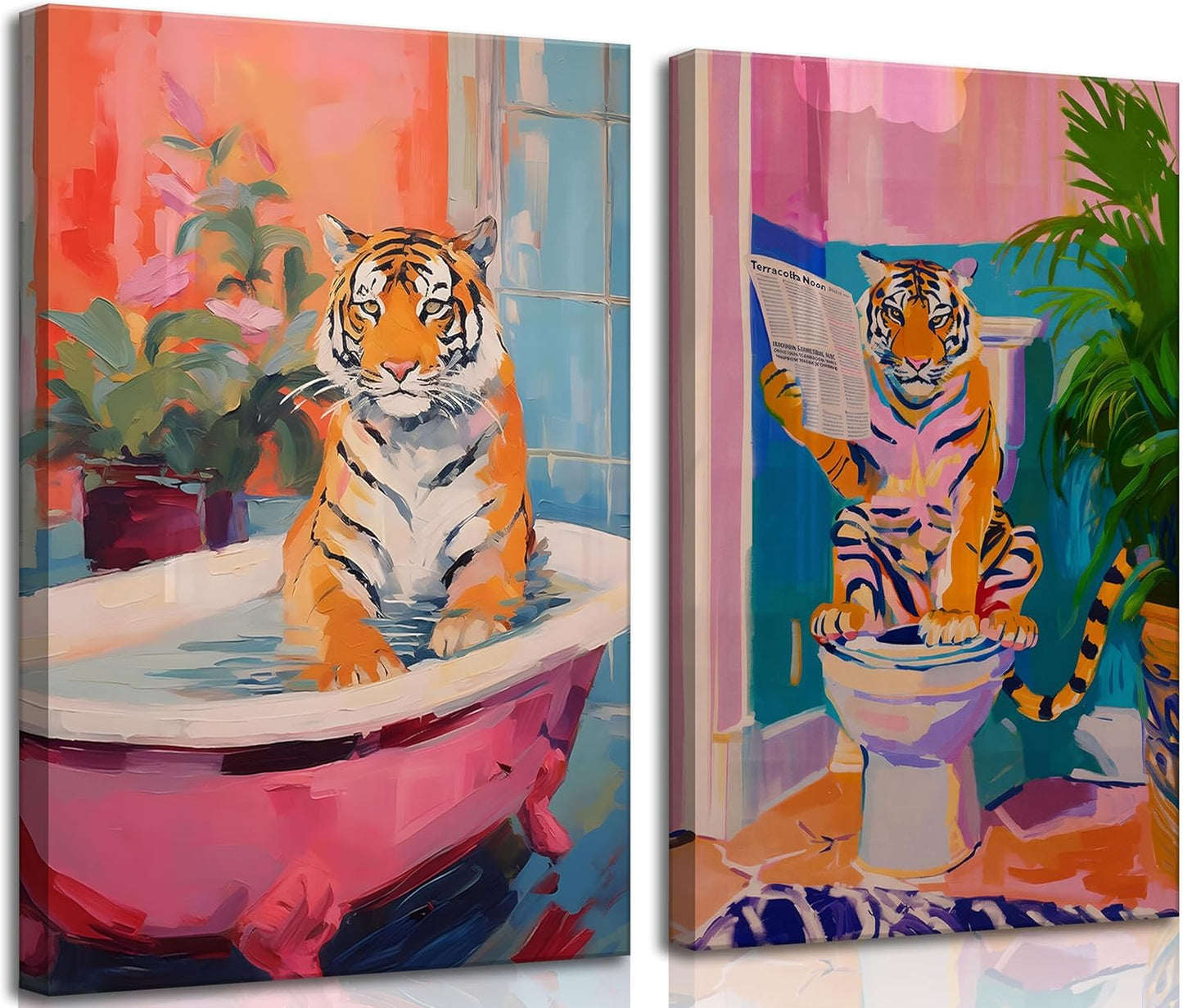 2Pcs Interesting Bathroom Tiger Canvas Wall Art Eclectic Pink Kitsch Aesthetic Animal in Bathtub Painting Picture Wall Decor Fashion Dopamine Poster Print Artwork for Restroom Home Decoration (Canvas, 16x24in)
