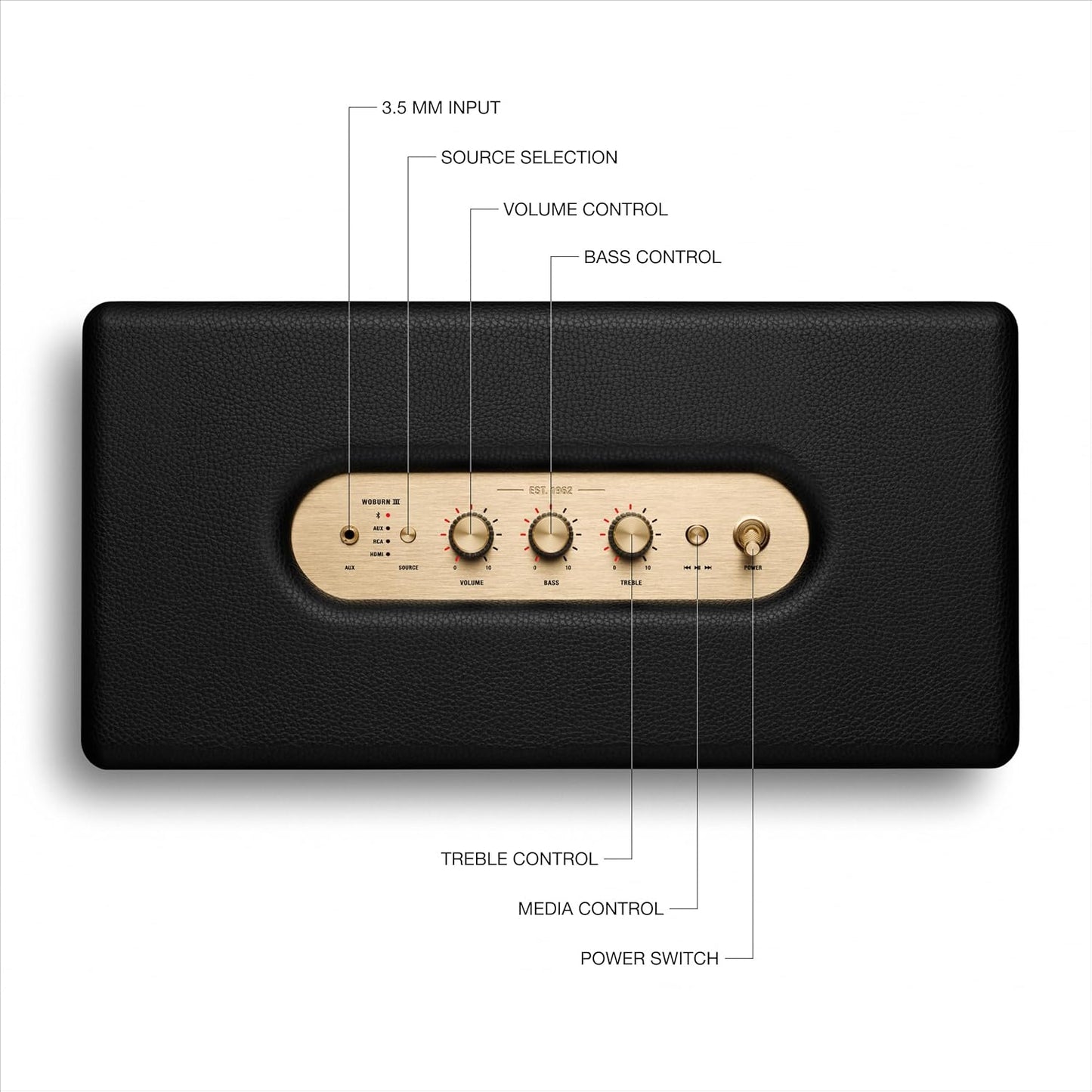 Marshall Woburn III Bluetooth Home Speaker - Loud Stereo Sound with Bass and Treble Controls | Plug-in Powered | Record Player Compatible | HDMI, RCA, 3.5 mm Aux Inputs - Black