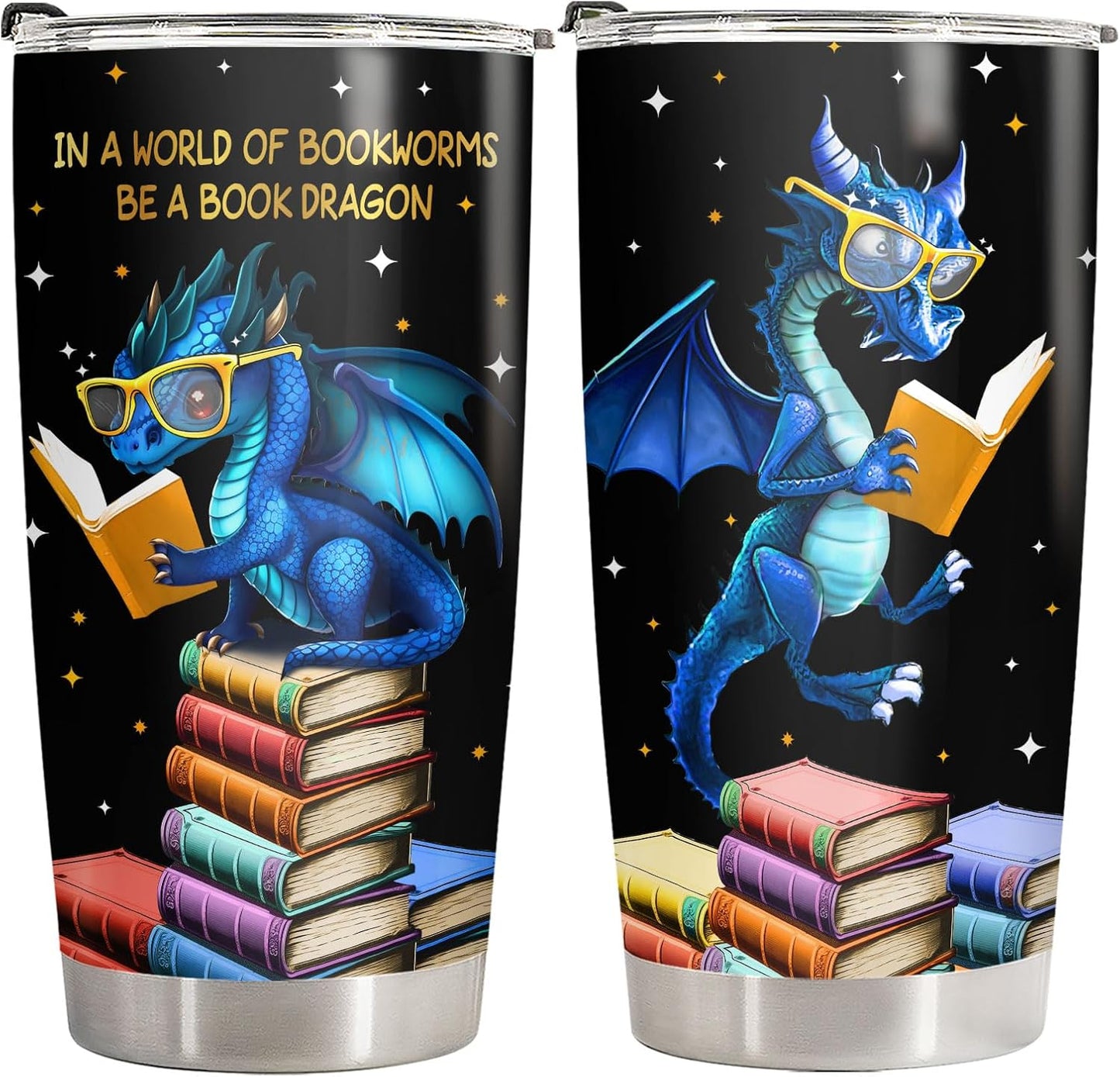 34HD Book Dragon Tumbler with Lid, 20oz Stainless Steel Vacuum Insulated Dragon Coffee Mug, Book Lover Gifts for Birthday Christmas Back To School, Bookworm Gifts for Women, Bookish Items