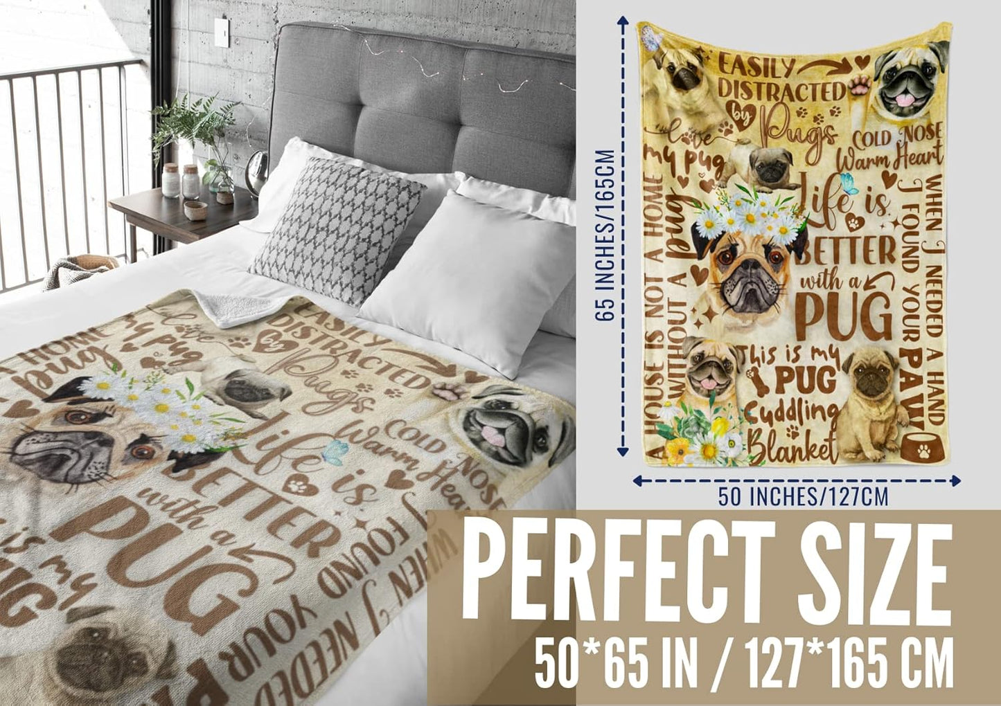Pug Gifts for Pug Lovers, Soft Watercolor Flannel Throw Blanket for Dog Mom Dad Women Men, 50x65 Inches