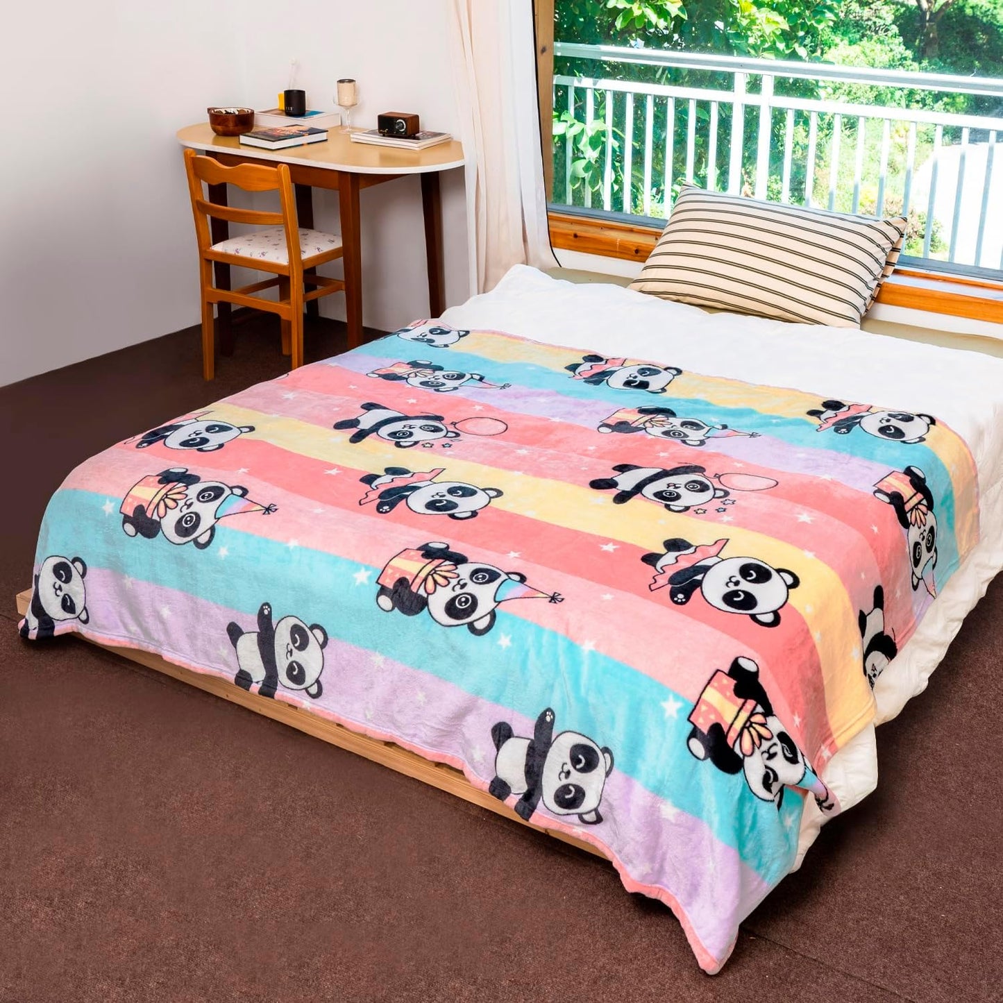 Panda Blanket with Rainbow Stripes, Soft and Warm Throw for Couch Sofa and Bed, Gifts for Girls Kids, 60 x80 Inches