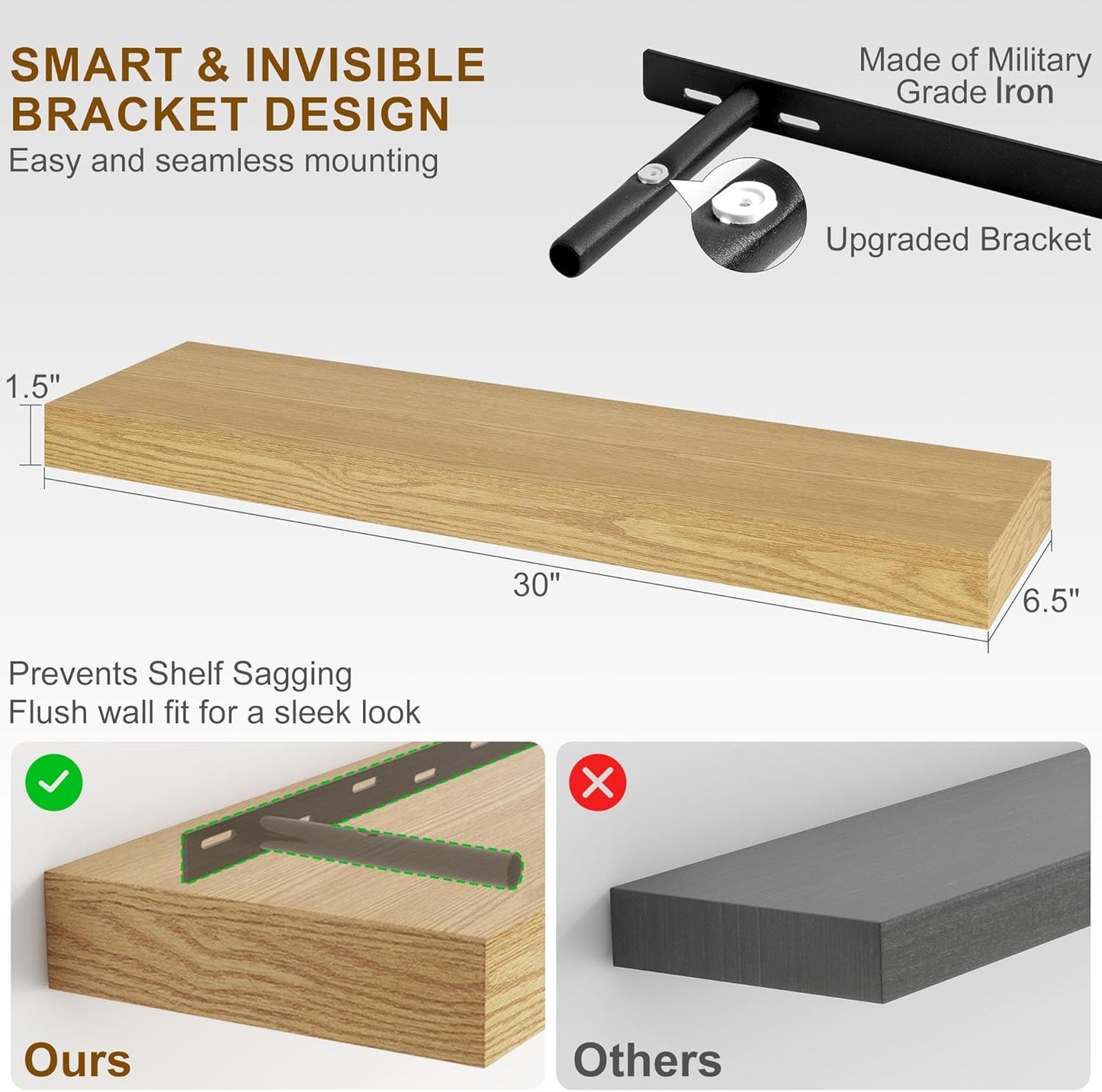Fun Memories 30Inch Floating Shelves for Wall, 2 Pack Rustic Wood Shelves for Bathroom|Kitchen Wall Mounted Floating Shelf with Invisible Brackets for Books|Storage|Decor,Oak