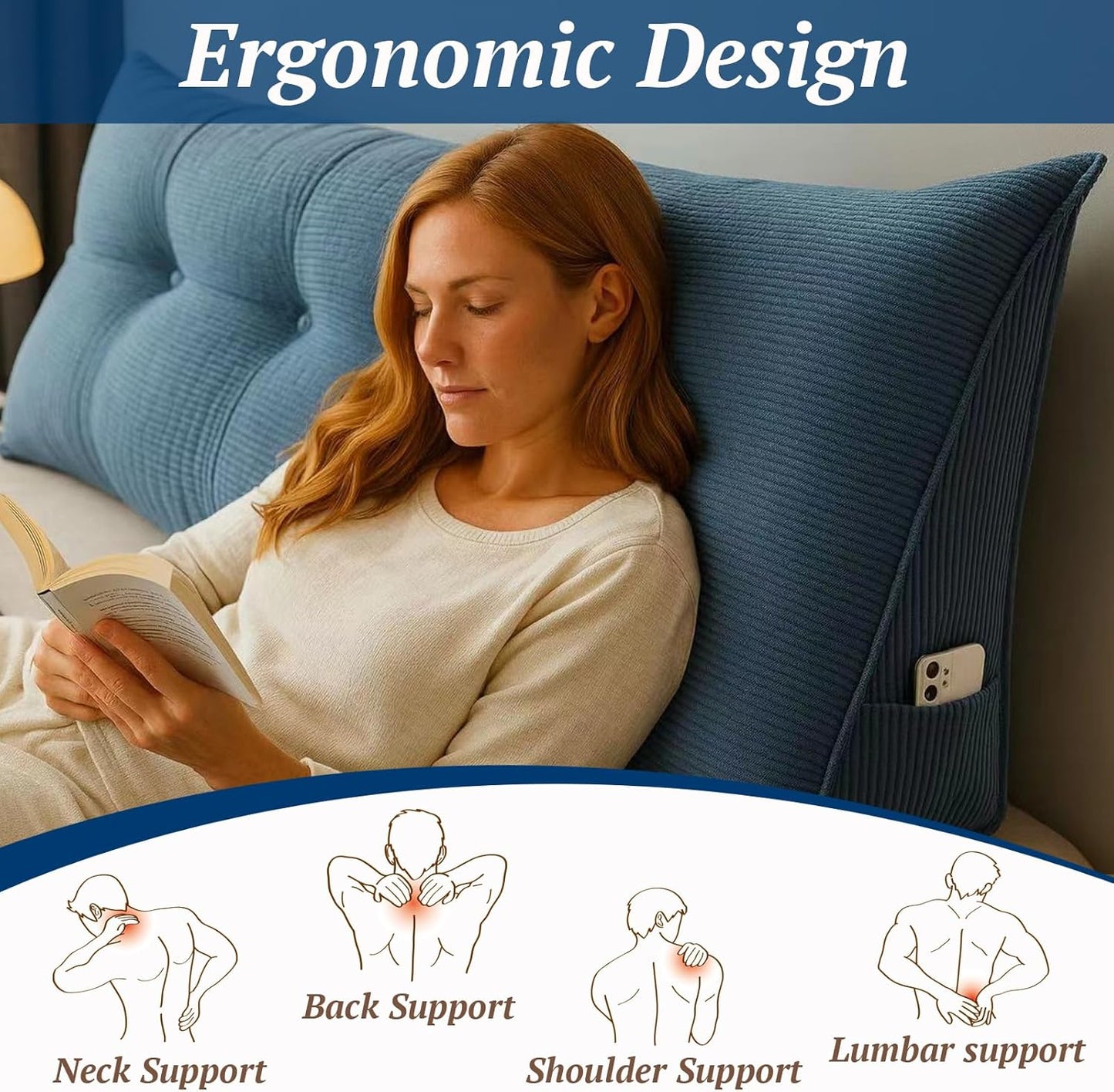 Djft Wedge Headboard Pillow for Bed Sitting & Reading, Bed Backrest Reading Cushion with Removable Cover, Large Sitting Support Pillow with Side Pockets (Blue, King 76in)