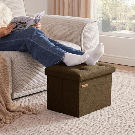 HAUSFRAU Ottoman with Storage Foot Rest Stool, Small Folding Footrest, Tufted Square Cube Seat for Living Room, Bedroom, Dorm, 12.2" x 16.5"x 12.2", Linen Espresso Brown