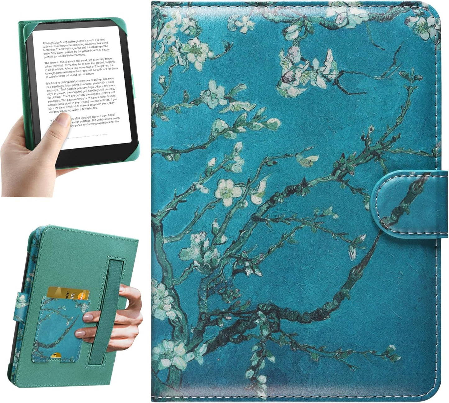 Universal Case for 6-inch Kindle eReader Compatible with Kobo/Voyaga/Pocketbook/Tolino E-Book Reader,6'' eReader Protective Cover with Built-in Card Slot,Flower