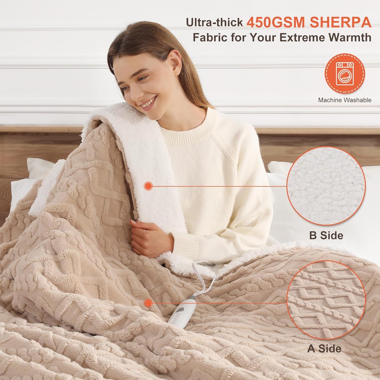 Electric Blanket Twin Heated Blanket 62''X84'' with 5 Heating Levels & 10 Hours Auto Off, ETL& FCC Certification Dual Sherpa Twin Heating Blanket Washable for Home/Office/Bed, Great Gift(Beige)