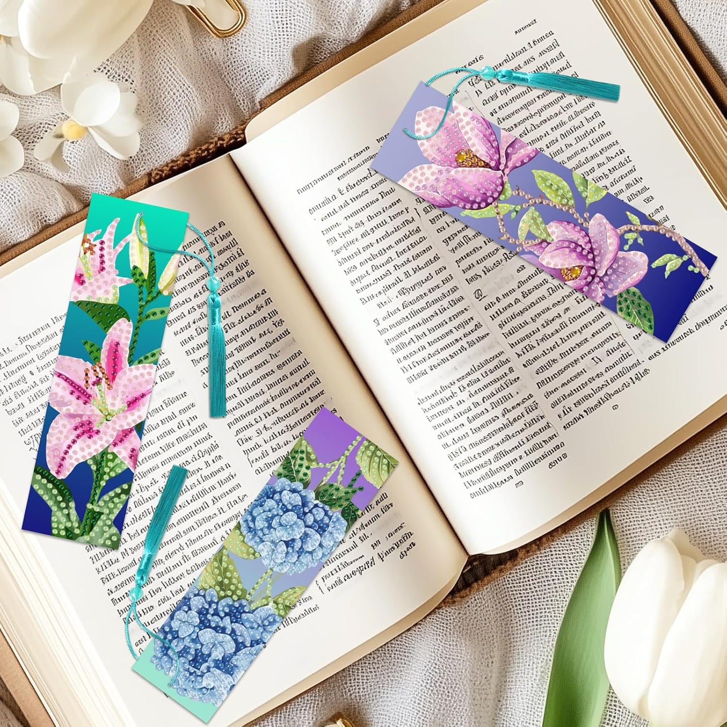 10Pcs Mixed Floral 5D Diamond Art Bookmarks Flowers Diamond DIY Painting Bookmarks Rhinestones Beaded Tassel Acrylic Bookmark for Adult Beginner Crafts