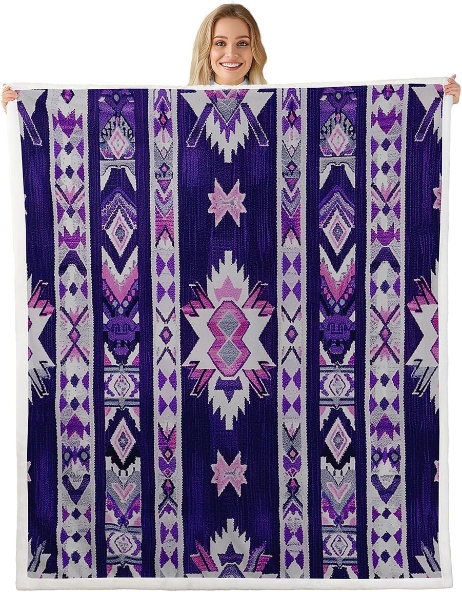Feelyou Purple Southwestern Fleece Throw Blanket Baby 30"x40" Geometric Plush Blanket for Bed Sofa Couch Tribal Exotic Style Native American Indian Design Sherpa Blanket Stripe Line Fuzzy Blanket