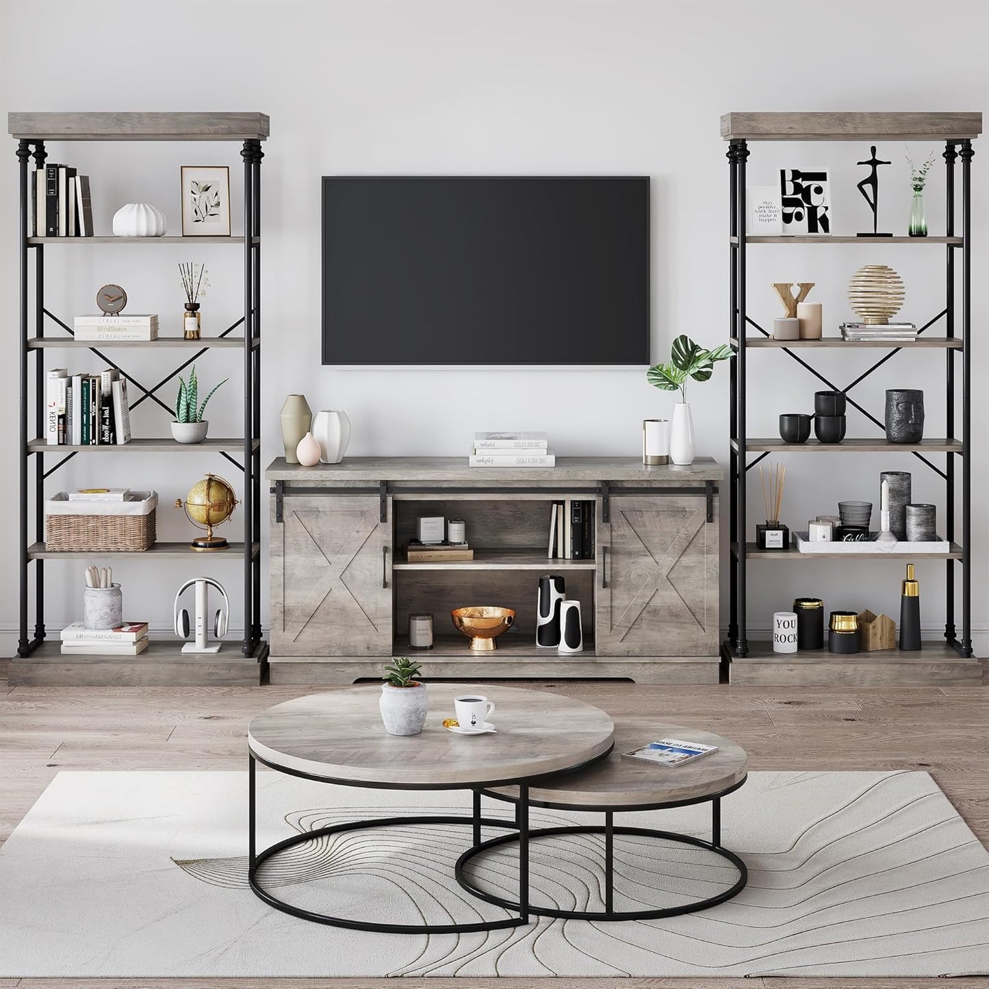 IDEALHOUSE Industrial Bookshelf Wood Bookcase 6 Tier Storage Open Rack Shelf with Metal Frame Rustic Tall Standing Bookshelves Large Grey Display Rack for Bedroom,Living Room and Home Office
