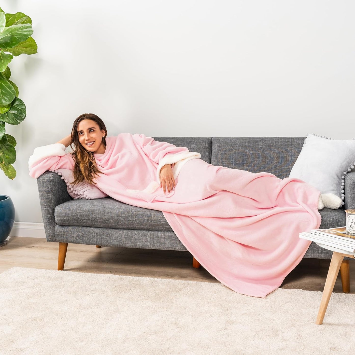 PAVILIA Fleece Blanket with Sleeves for Women Men Adults, Wearable Blanket Warm Soft Plush, Snuggle Pocket Sleeved TV Throw Wrap, Cozy White Elephant Gifts Ideas for Mom Wife, Light Pink