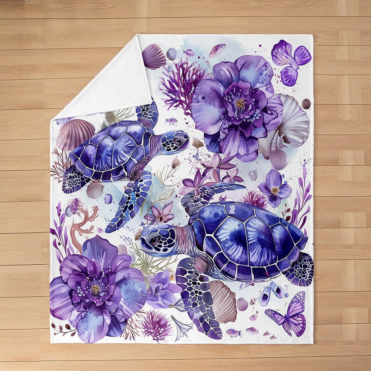 Manfei Sea Turtle Flannel Blanket Purple Flower Butterfly Throw Blanket Marine Animal Theme Cozy Throws for Bed Couch Sofa,Kids Boys Girls Room Decor,Soft and Breathable(40 x 50 Inches)