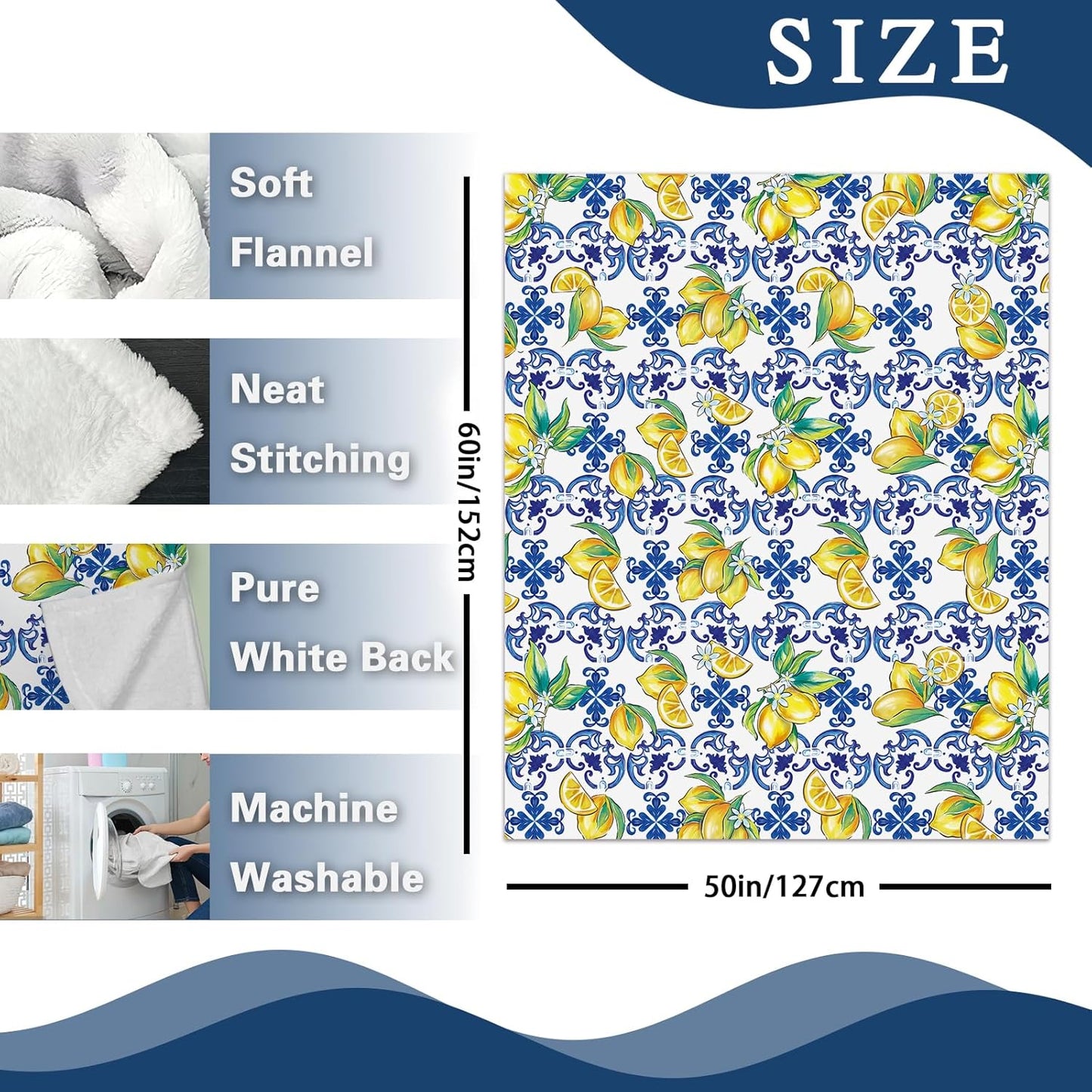 Blue Lemon Italy Flannel Throw Blanket, Amalfi Coast Capri Citrus Fruit Gifts for Kids Men Women, Summer Mediterranean Soft Blankets for Bedding Sofa 50" x 60"