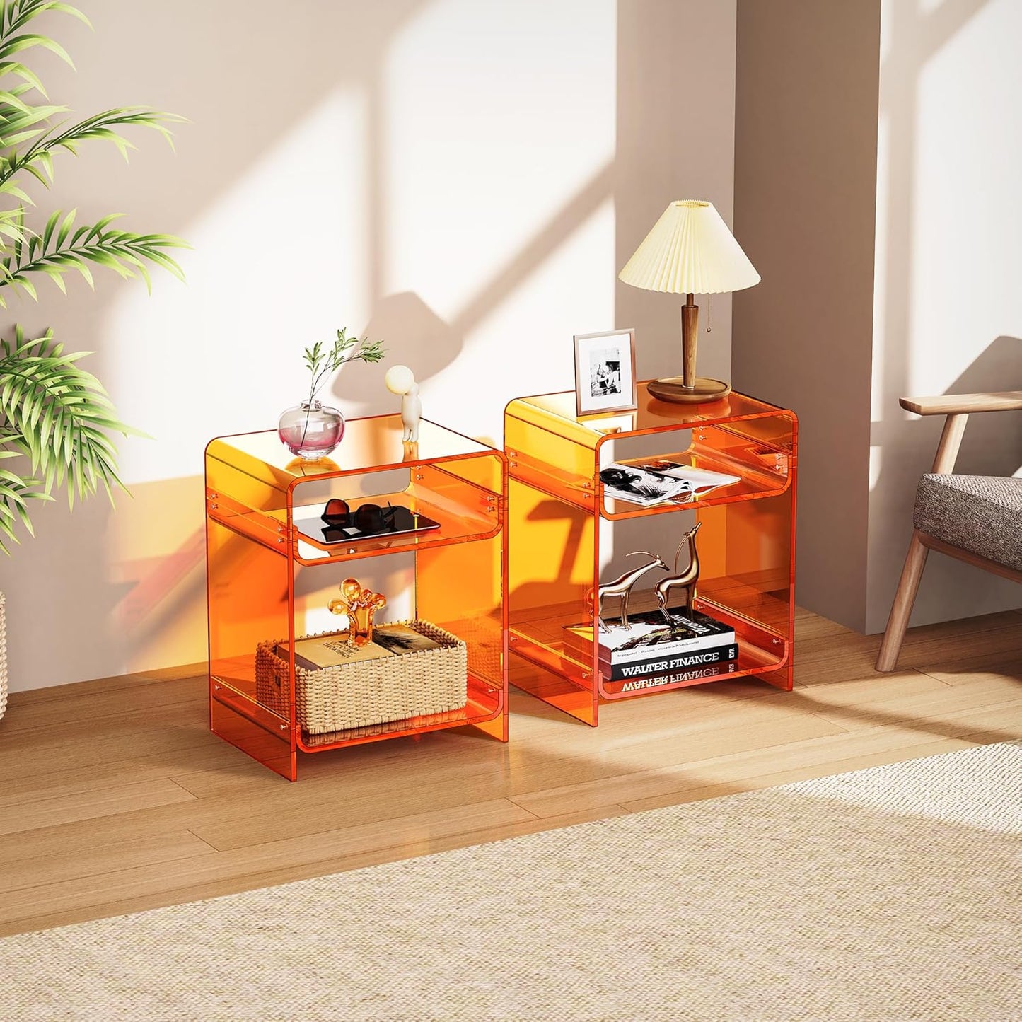 Acrylic End Table Record Player Table with Storage Shelf Clear Side Table Nightstand (Orange Double)