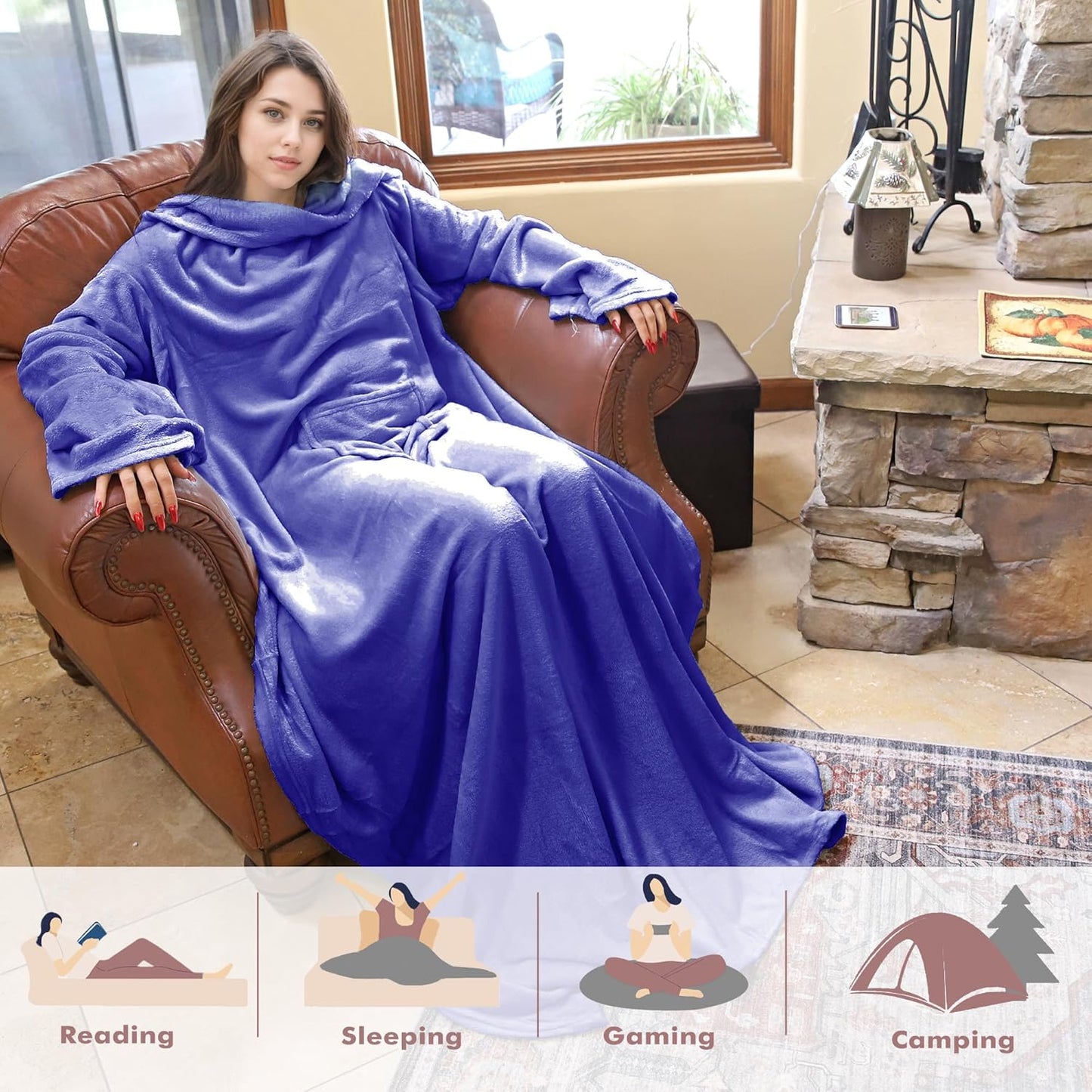 Tirrinia Wearable Blanket Adult, Sunggle Blankets With Sleeves, Reading Full Throw, Cozy TV Wraps, Gift Idea for Women Men Mom, Blue
