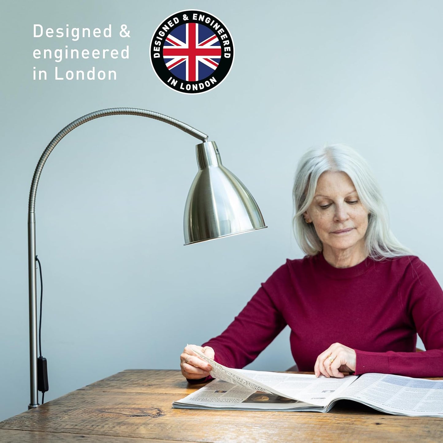 Daylight FlexiVision 2™ LED Floor Lamp – 3,500 Lux at 12", 5 Brightness Levels, 3 Color Temperatures, 95+ CRI, Adjustable Arm & Swivel Head, Anti-Tip Base, Low Vision Aid – Brushed Steel