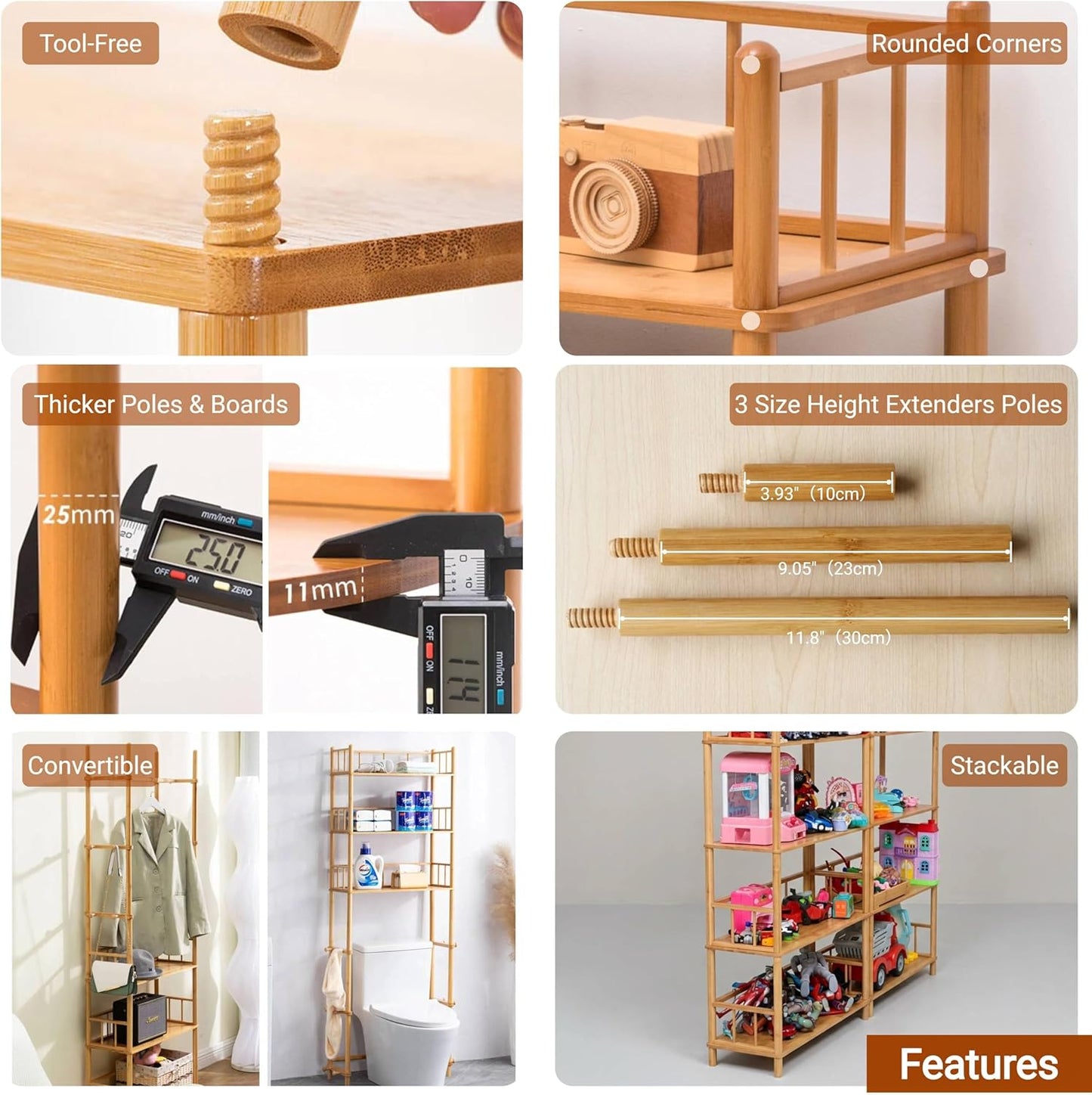 GOGOGO 3-Tier Expandable Bamboo Open Bookcase - No-Tools Assembly & Modular,Modern Display Bookshelf with Top Edge and Solid Wood Frame for Home and Office, Storage Cabinet