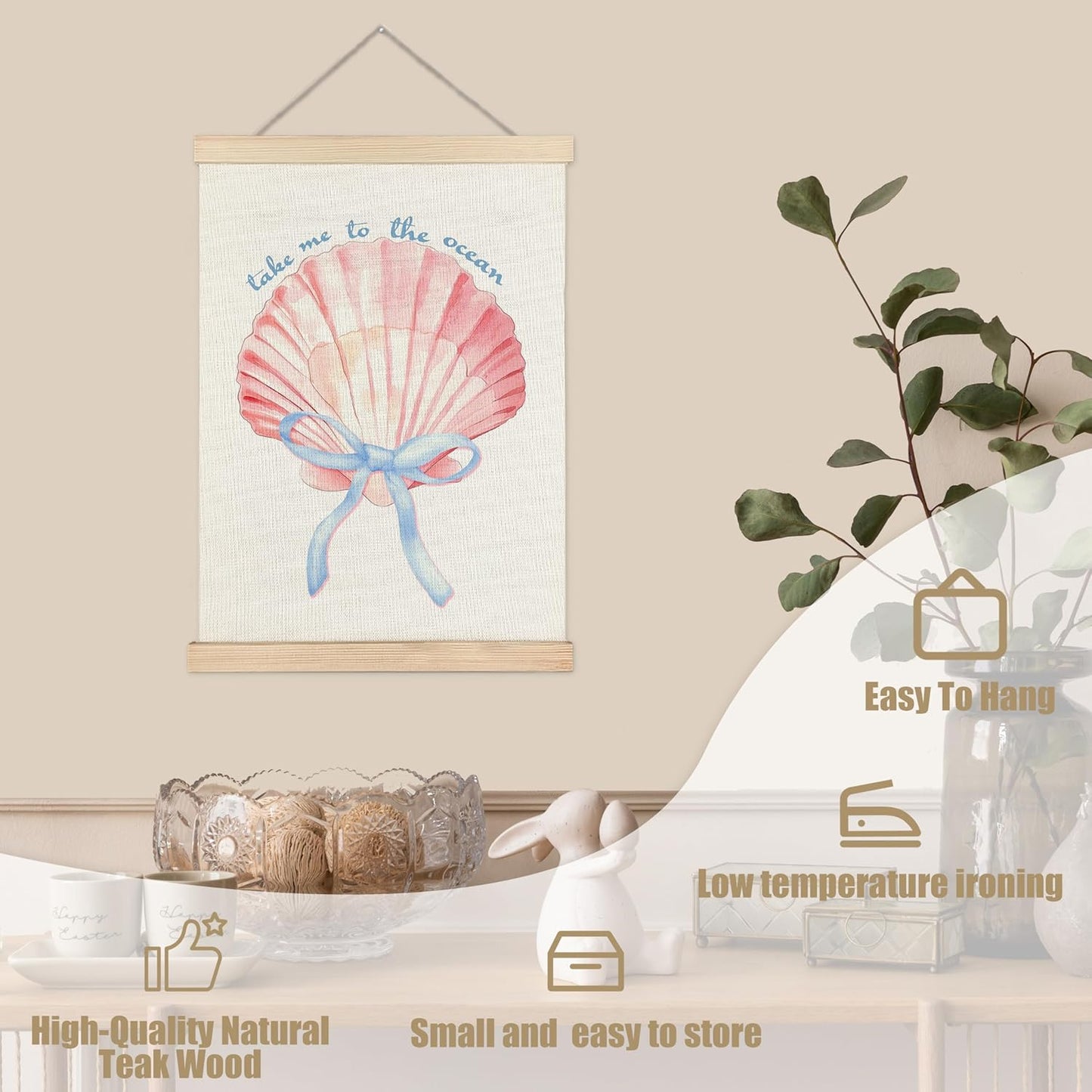 WUCHJ Coquette Blue Bow Seashell Beach Wall Art Poster, Preppy Coastal Ocean Wall Decor, Beachy Aesthetic Pink Conch Canvas Prints Artwork for Girls Room Dorm Apartment Decor, 12x16 Inch