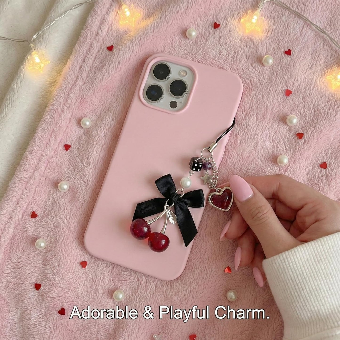 Phone Charms Strap Cute Cherry CellPhone Straps Aesthetic Pink Red Black BlueCherry Phone Chain for Camera Keychain Bag Pendant Decor Gift