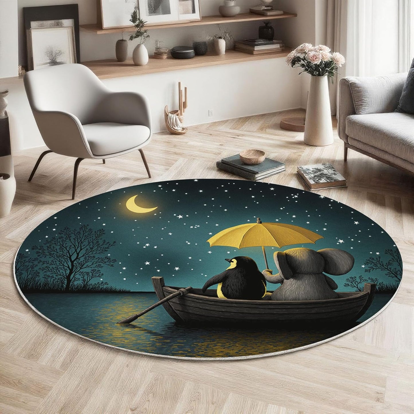 Dreamy Starry Sky Lake Round Rugs 4Ft, Cute Penguins Elephants Round Living Room Area Rug, Washable Large Soft Circle Rug for Bedroom, Non Slip Ultra Thin Floor Carpet for Dining Room, Turquoise