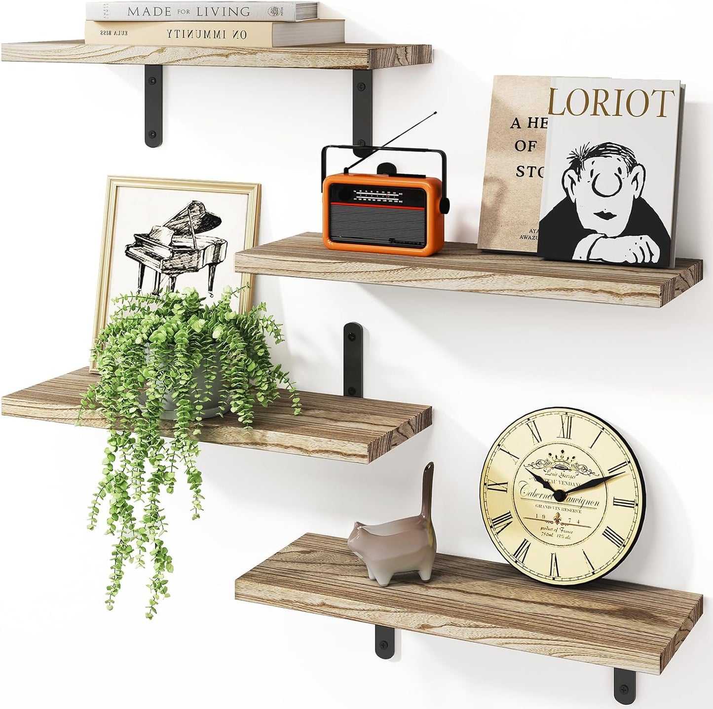 Fixwal Wall Floating Shelves for Room Decor, 4 Sets Floating Shelves for Wall Storage, Wood Wall Mounted Shelf for Bedroom Decor, Bathroom Storage, Book Shelf for Wall-Rustic Brown | for Room Decor, Floating Shelves, for Wall Storage, for Bedroom Decor, B