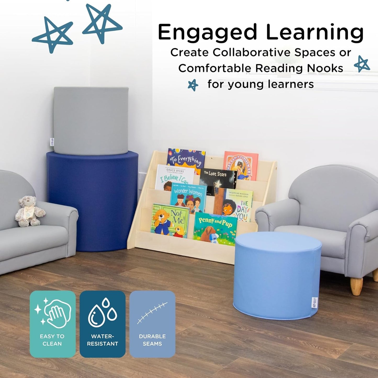 Children’s Factory Tranquility Ottoman Trio, Navy, Toddler Classroom or Daycare Furniture, Kids Preschool Reading Nook Flexible Seating