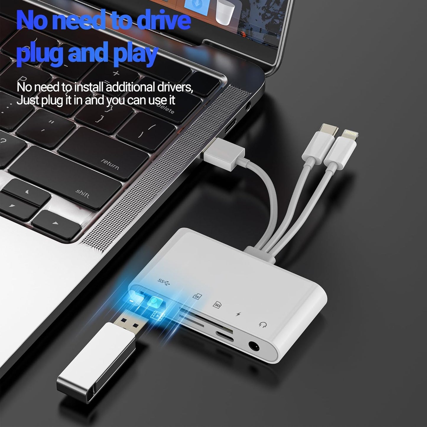SD Card Reader Hub USB C Lightning USB to OTG 3.5mm Aux Charger TF Adapter (5in1) for iPhone 17 16 15 14 13 Pro Max Splitter Camera Computer Android Audio Charging Accessories Compatible with Samsung