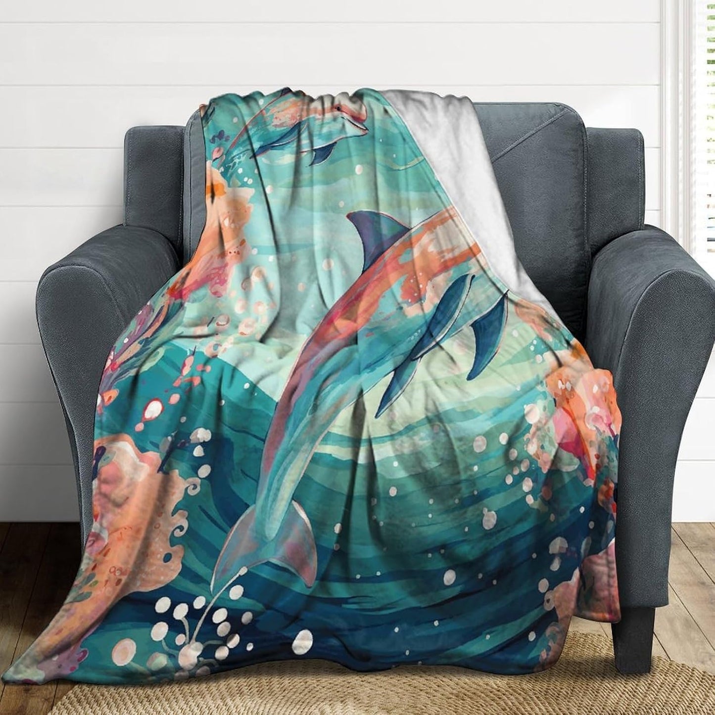 Lovely Dolphins Throw Blanket for Couch Super Soft Warm Lightweight Throw Blankets Cozy Flannel Bed Blanket Cute Decorative Blankets for All Seasons Home Decor Gift 50"*60"（130 * 150cm）