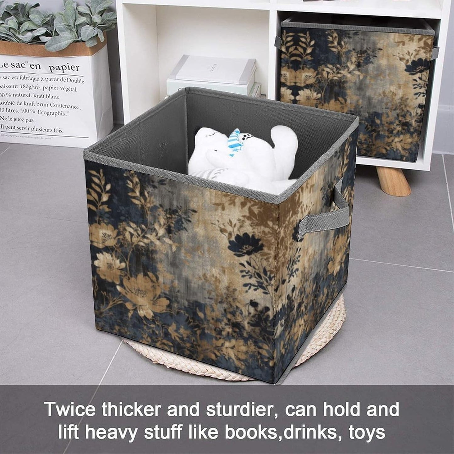 Gold And Black Flowers Storage Bins with Handles Fashion Large Storage Cubes Sturdy Foldable Storage Boxes Space-Saving Storage Baskets for Home Office Clothes Closet Organizers