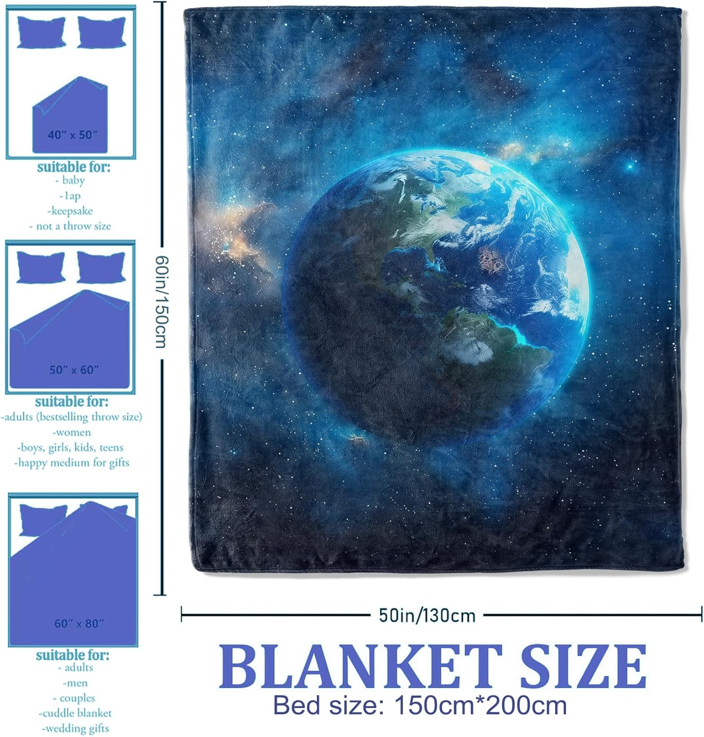 Planet Earth from Space Throw Blanket 50"x60", World Map Blankets for Living Room Couch, Home Decor, Soft Flannel Earth Gifts for Adults and Women
