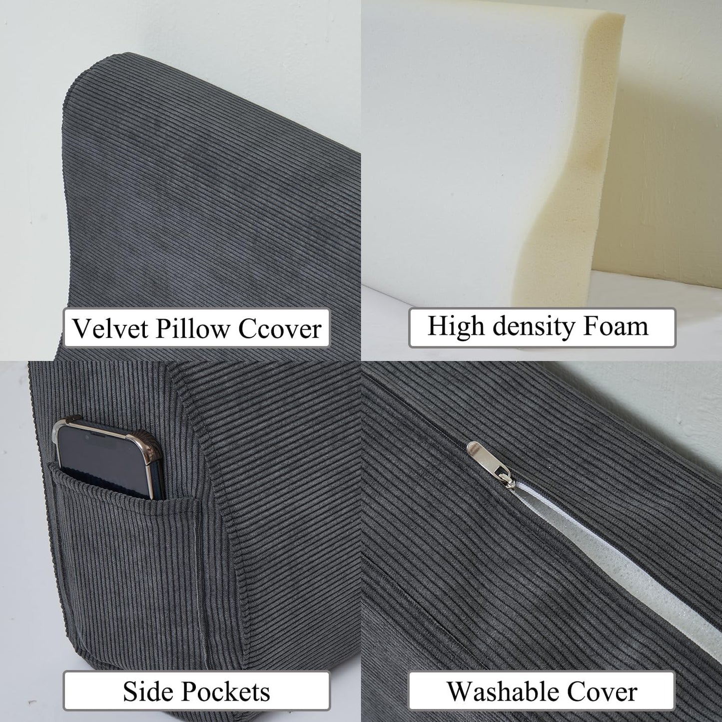 Queen Wedge headboard Pillow with Firm Foam Triangular Bed Wedge Pillow for Headboard Large Couch Back Support Pillow for Bed Sitting up Replacement, Gray