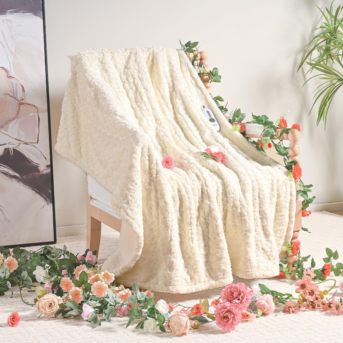 WOOMER Heated Blanket Throw 50" x 60", Electric Blanket Throw with 4 Heating Levels & 4H Auto Off, ETL Certified, White Roses Patterns Faux Fur & Sherpa, Machine Washable