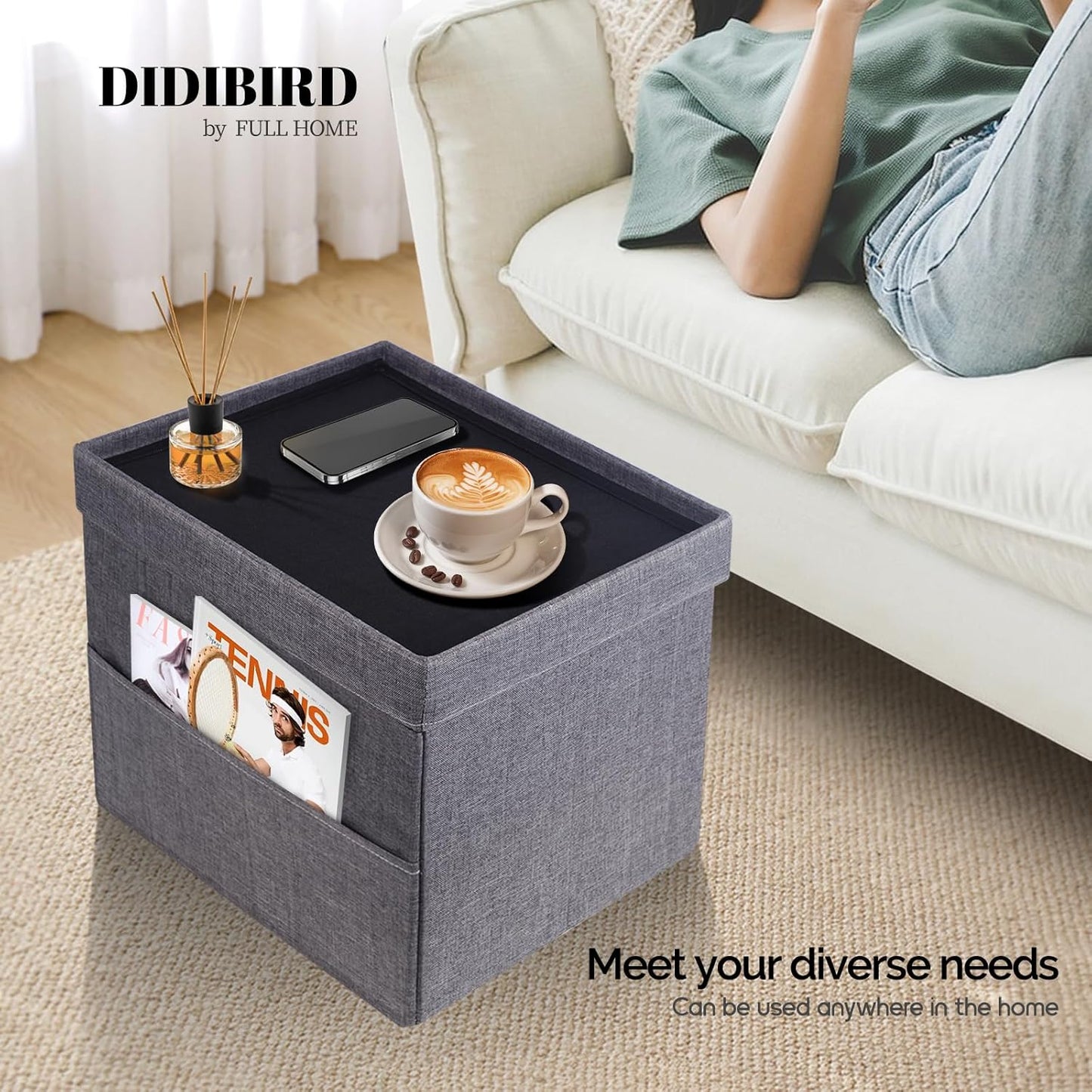 Storage Ottoman,Folding Ottomans with Storage,Linen Ottoman Foot Rest with Pocket,Foot Stool with Thicker Foam Padded for Living Room,Bedroom,Office,Dorm,287 lb Load Capacity,17x13x13in,Grey
